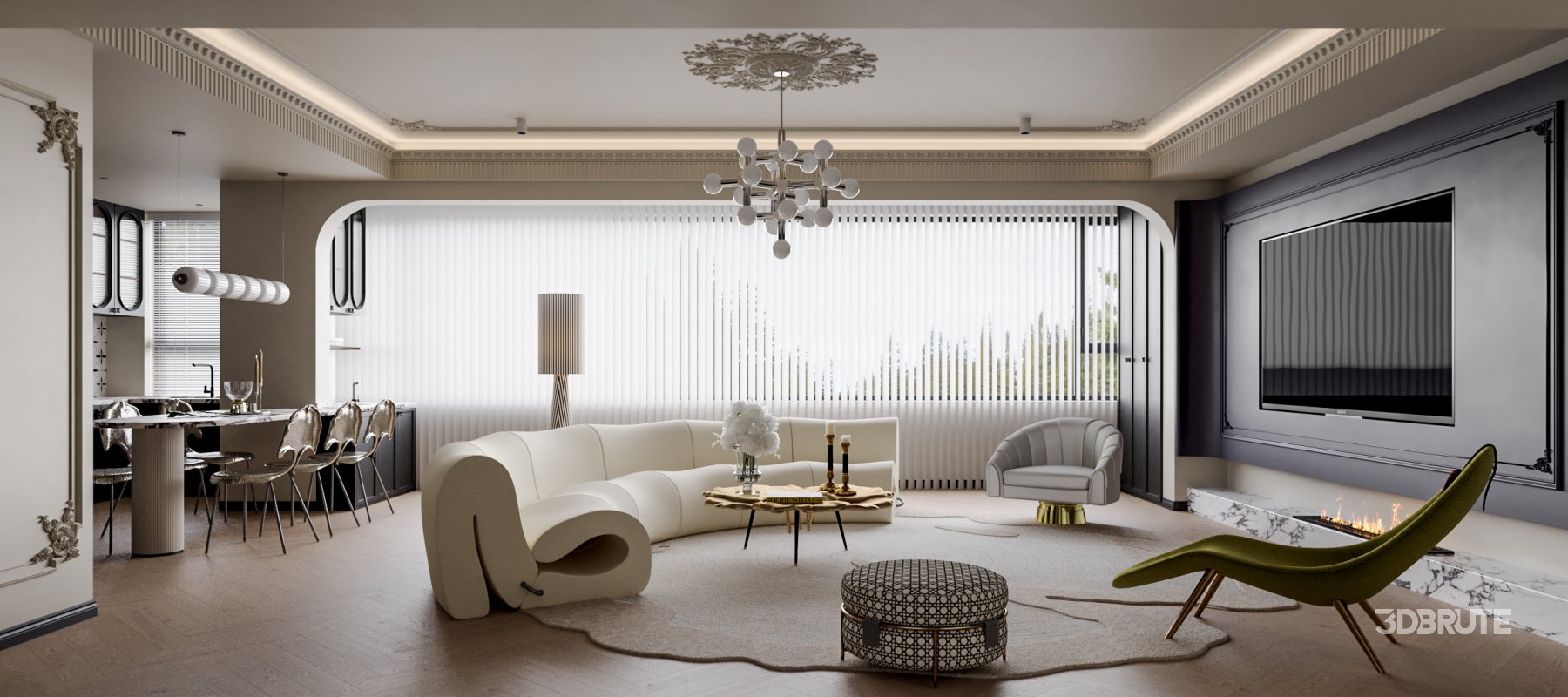 Classic luxury living room, dining room and kitchen Image 1