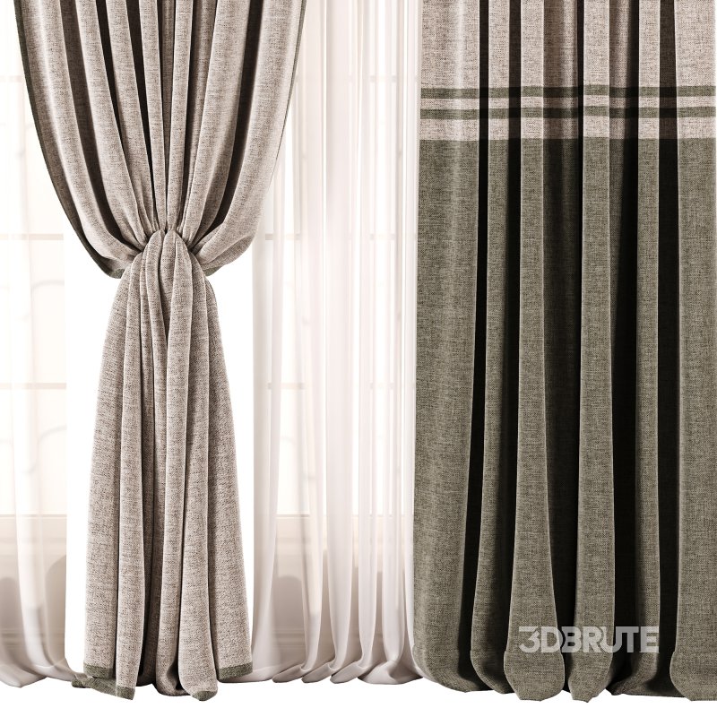 Olive Contrast Linen Curtain Set with Decorative Trim Image 2