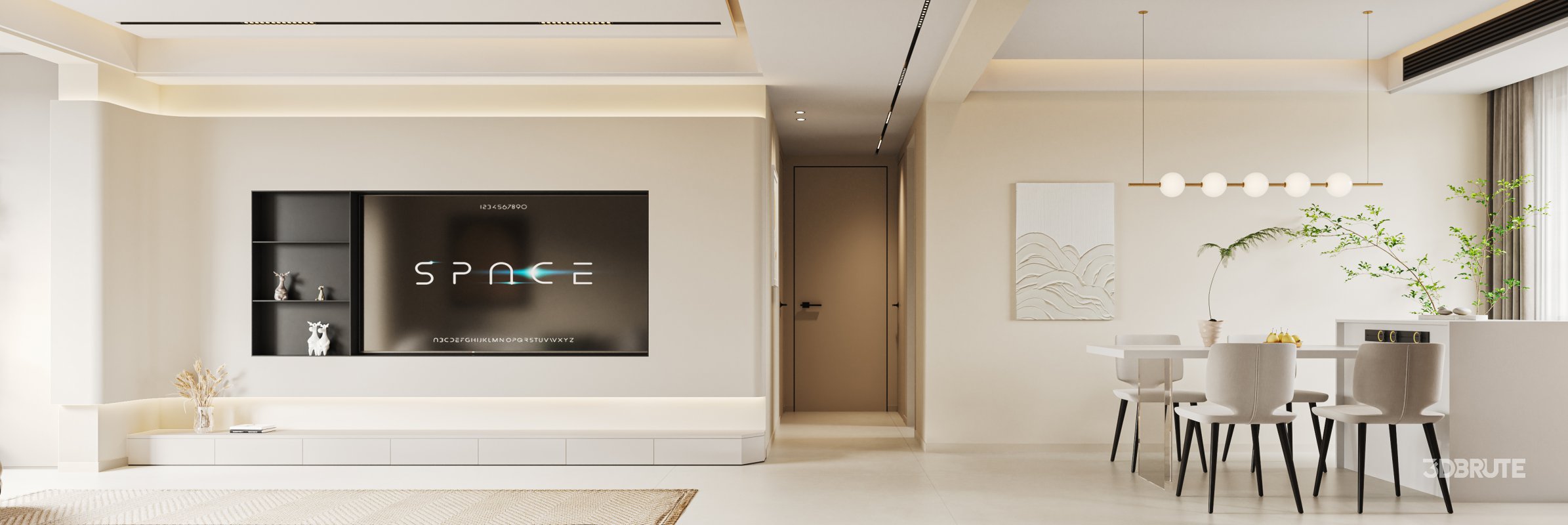 Modern living room and dining room kitchen interior scene Image 2