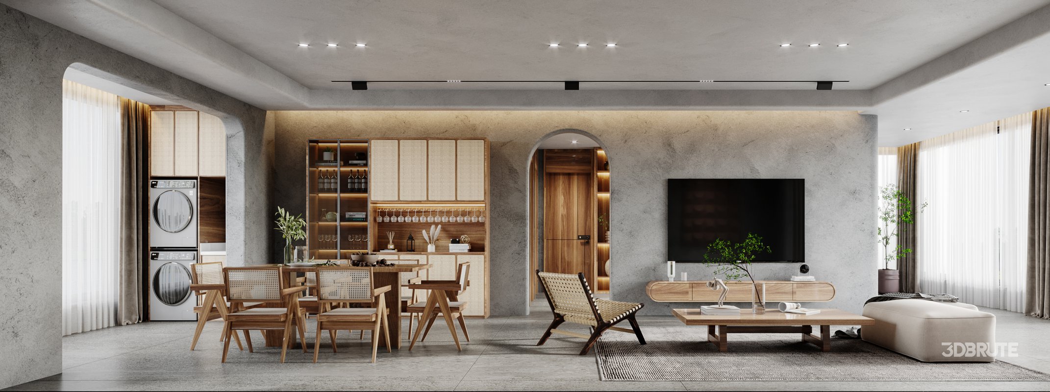 Modern living room and dining room interior scene Image 2