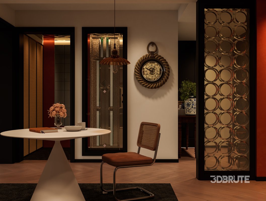 Modern living room and dining room office room interior scene Image 5