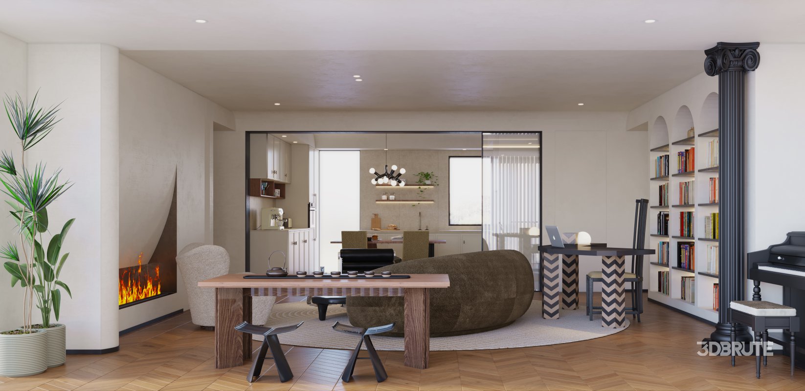 Modern living room and dining room kitchen interior scene Image 2