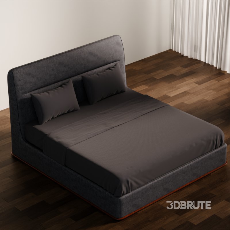 Dark Upholstered Double Bed 3D Model Image 2