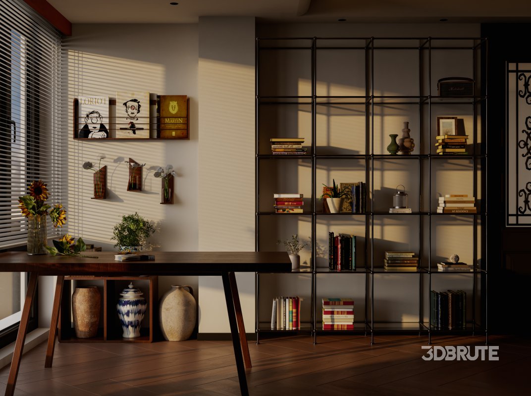Modern living room and dining room office room interior scene Image 6