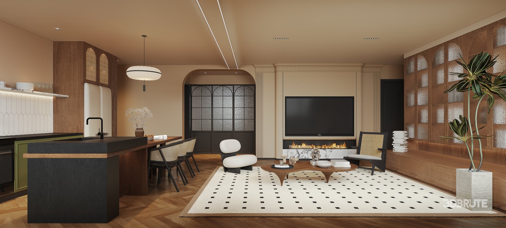 Modern living room and dining room interior scene Image 2