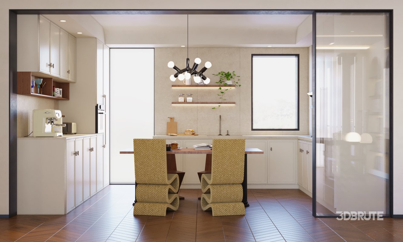 Modern living room and dining room kitchen interior scene Image 3