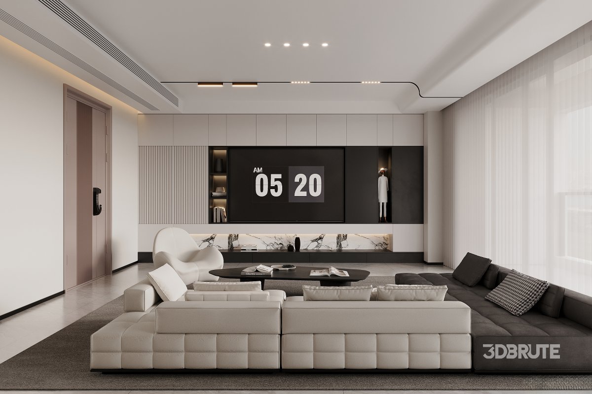 Modern living room and dining room bedroom interior scene Image 2