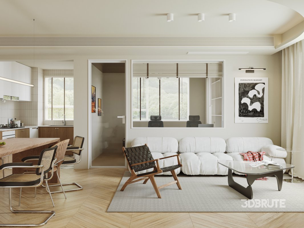 Modern living room and dining room office room interior scene Image 6