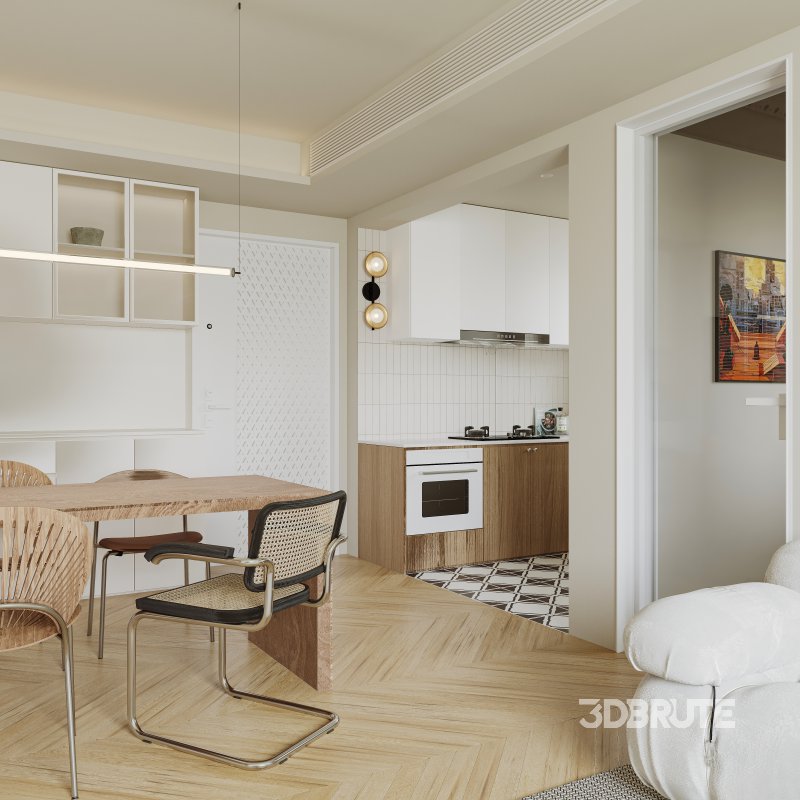 Modern living room and dining room office room interior scene Image 8