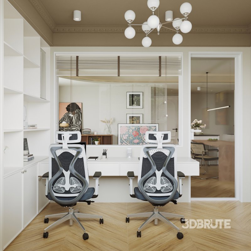 Modern living room and dining room office room interior scene Image 4