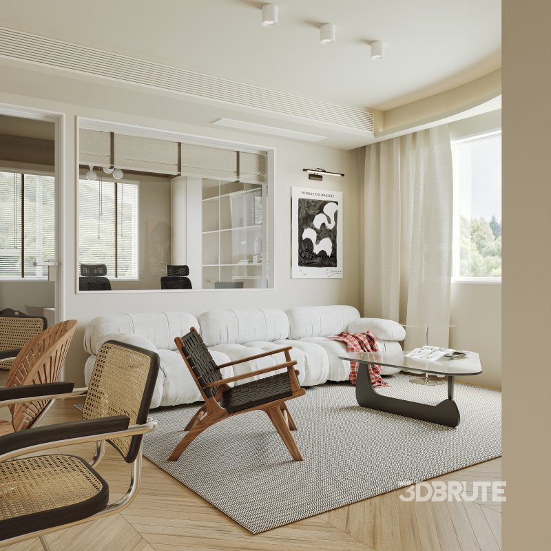 Modern living room and dining room office room interior scene Image 5