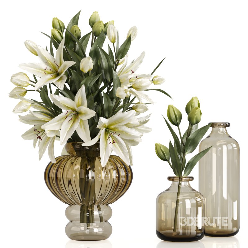 Lily Bouquet with Amber Glass Vases Image 2