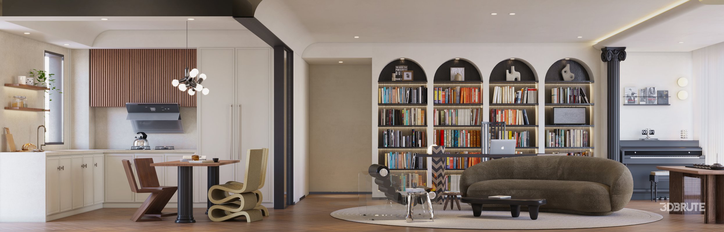 Modern living room and dining room kitchen interior scene Image 1