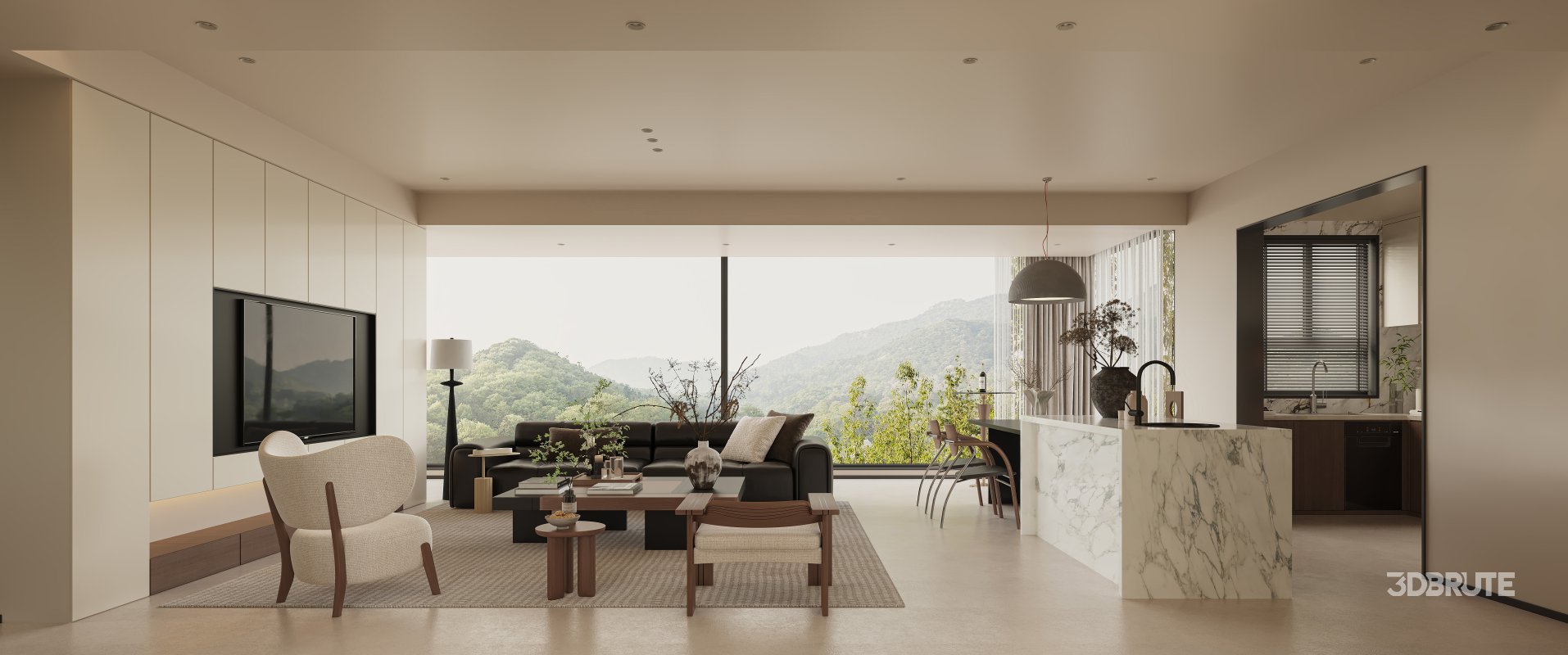 Modern living room and dining room interior scene Image 1