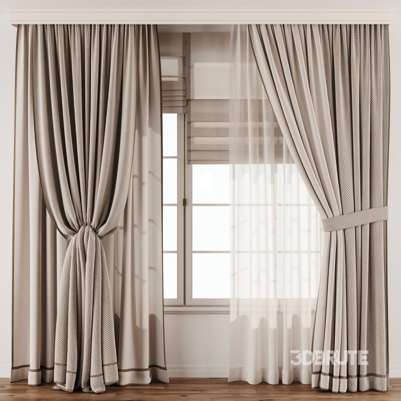 Herringbone Linen Curtain Set with Roman Blind and Sheer Layer Image 4