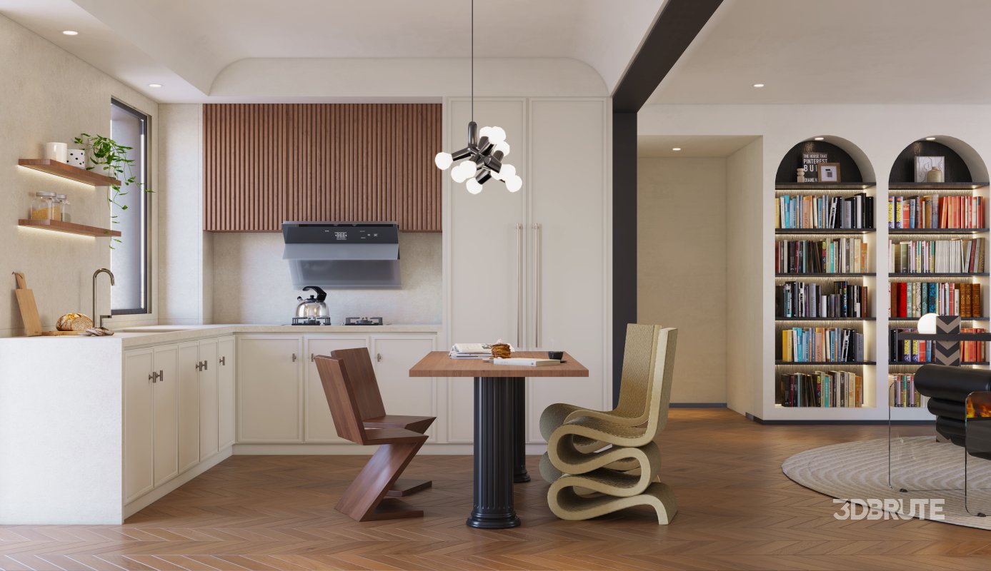 Modern living room and dining room kitchen interior scene Image 9