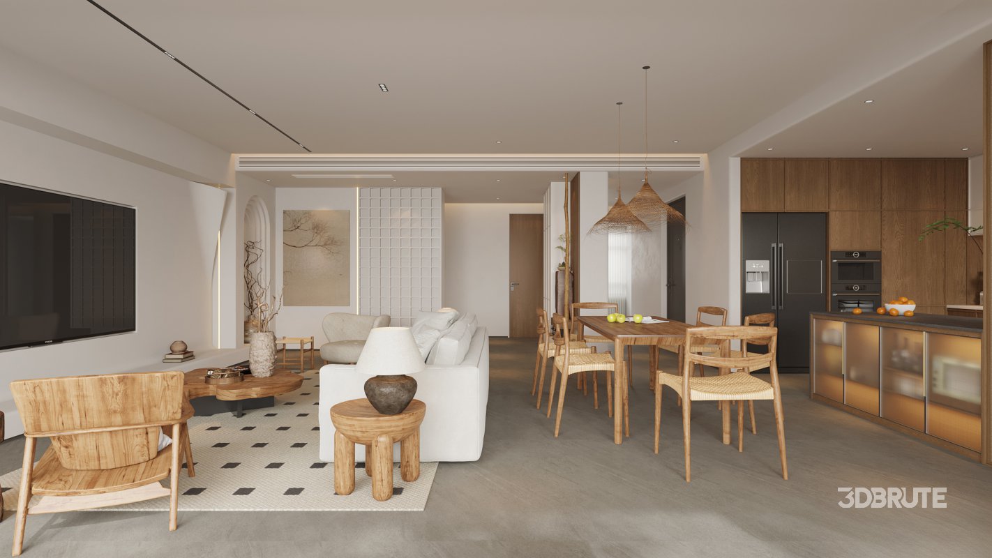 Modern living room and dining room interior scene Image 1