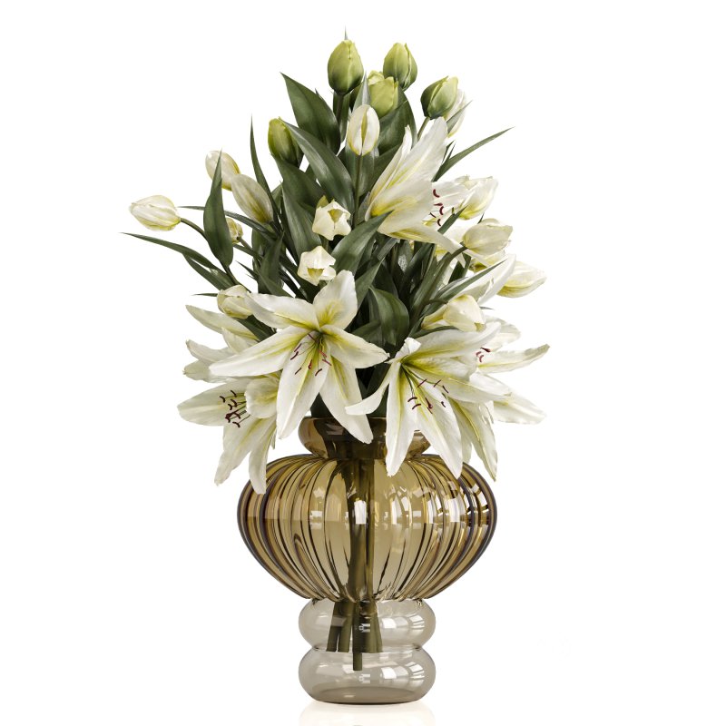 Lily Bouquet with Amber Glass Vases Image 1