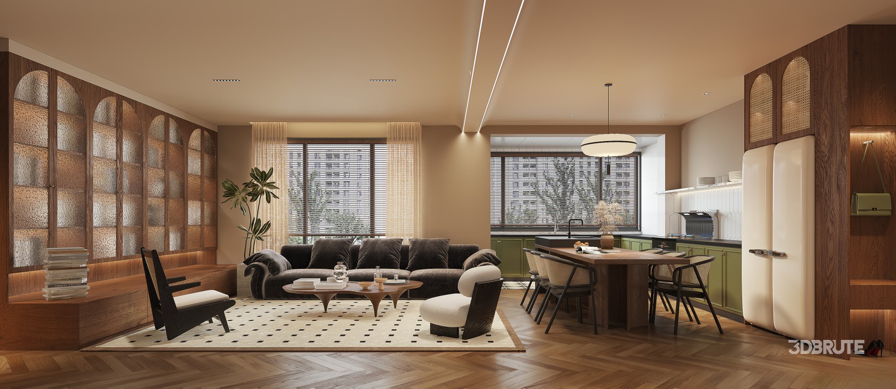 Modern living room and dining room interior scene Image 1