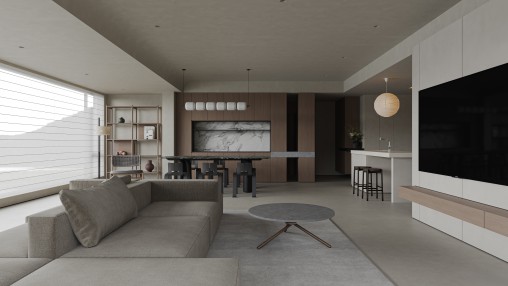 Modern living room and dining room interior scene