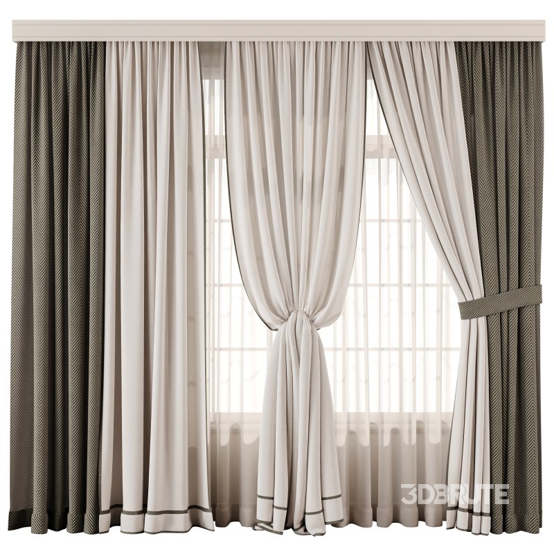 Herringbone Contrast Curtain Set with Beige Drapes and Trim Image 1
