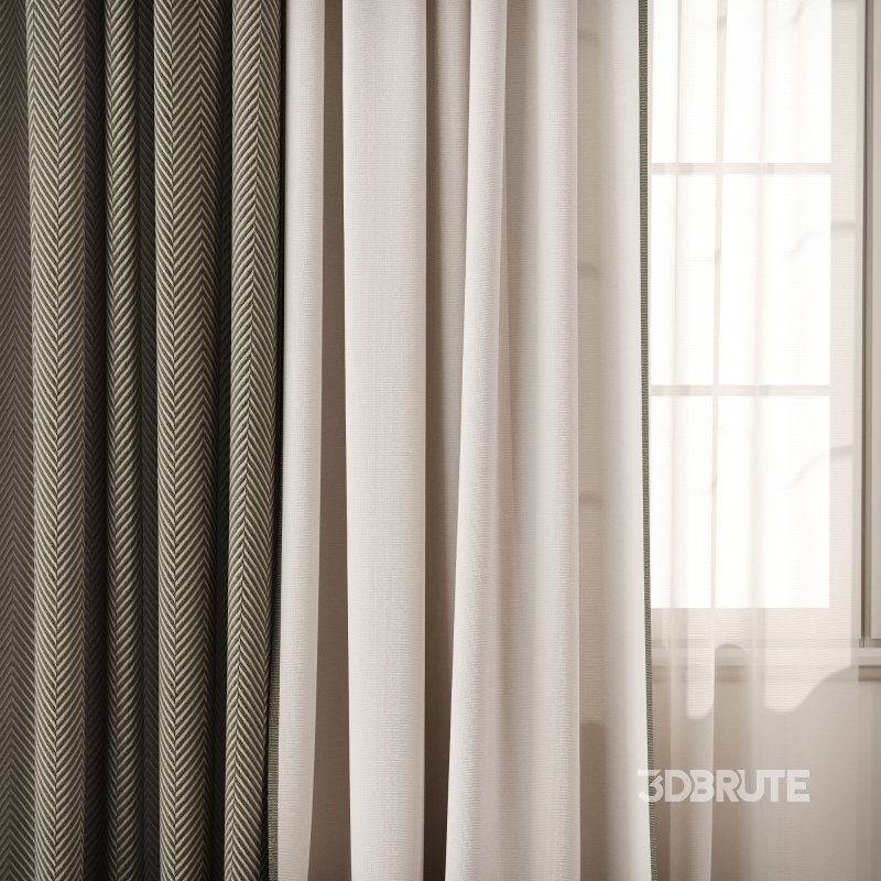 Herringbone Contrast Curtain Set with Beige Drapes and Trim Image 2