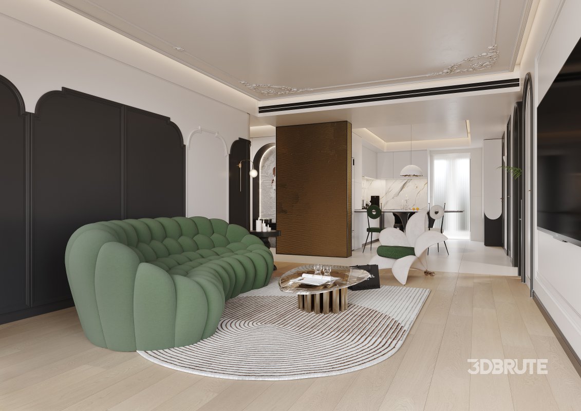 Modern living room and dining room kitchen interior scene Image 1