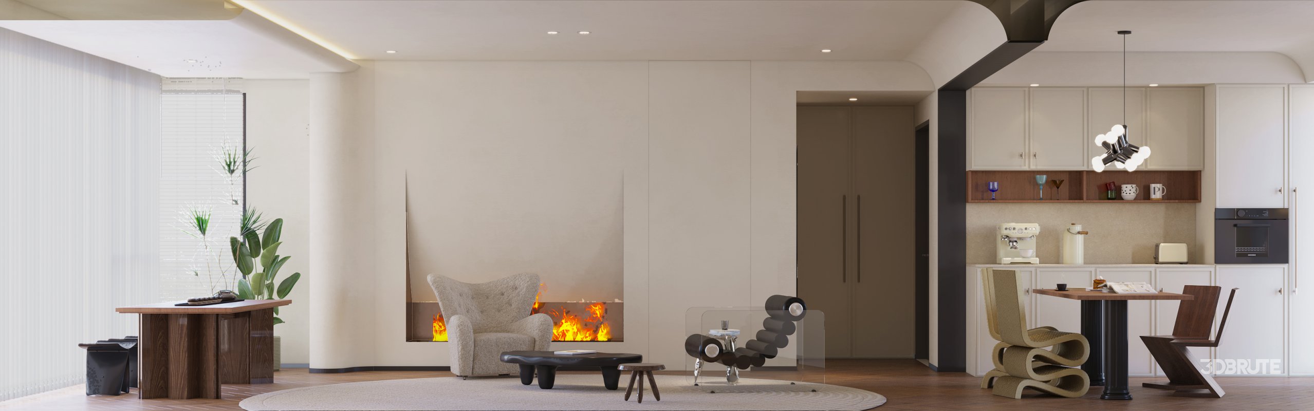 Modern living room and dining room kitchen interior scene Image 6