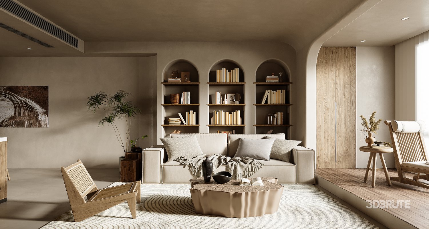 Modern living room and dining room kitchen interior scene Image 2