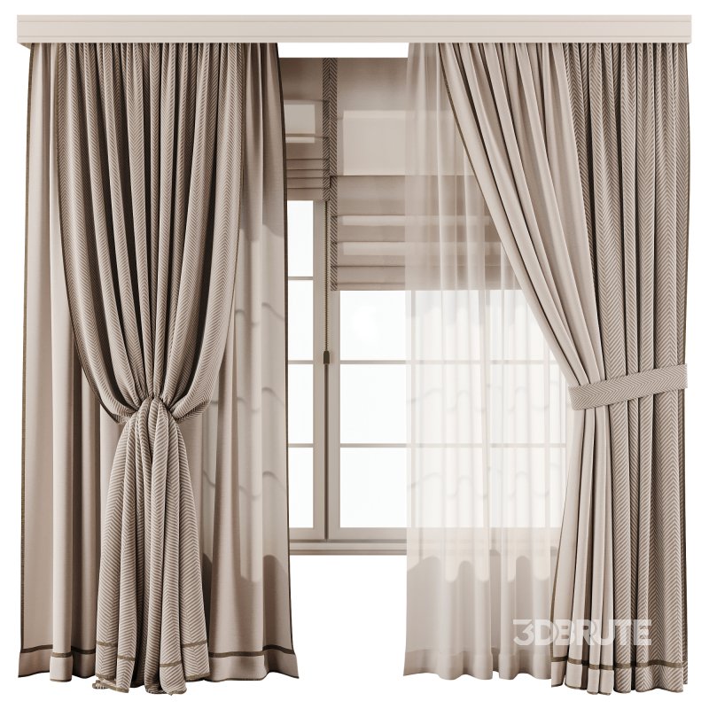 Herringbone Linen Curtain Set with Roman Blind and Sheer Layer Image 1