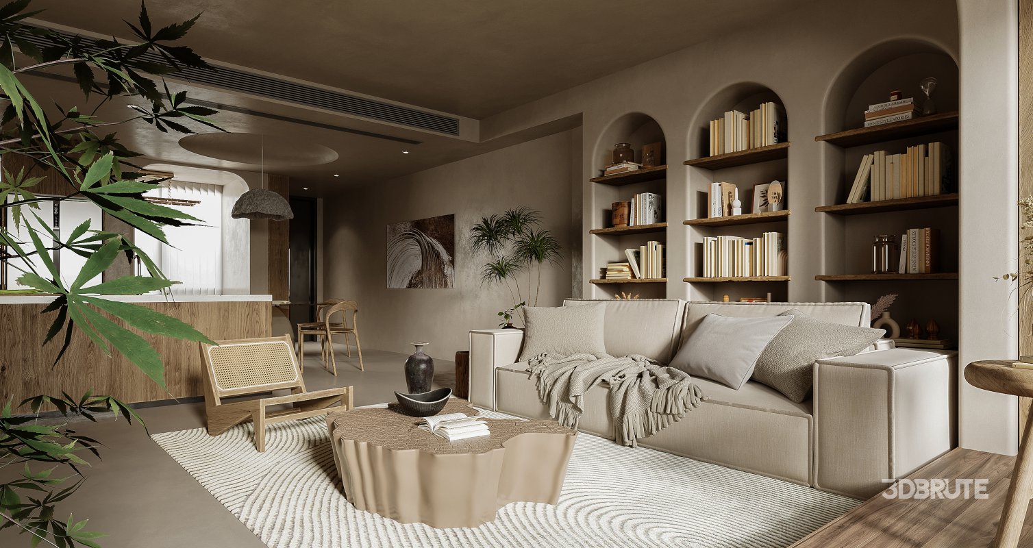 Modern living room and dining room kitchen interior scene Image 1