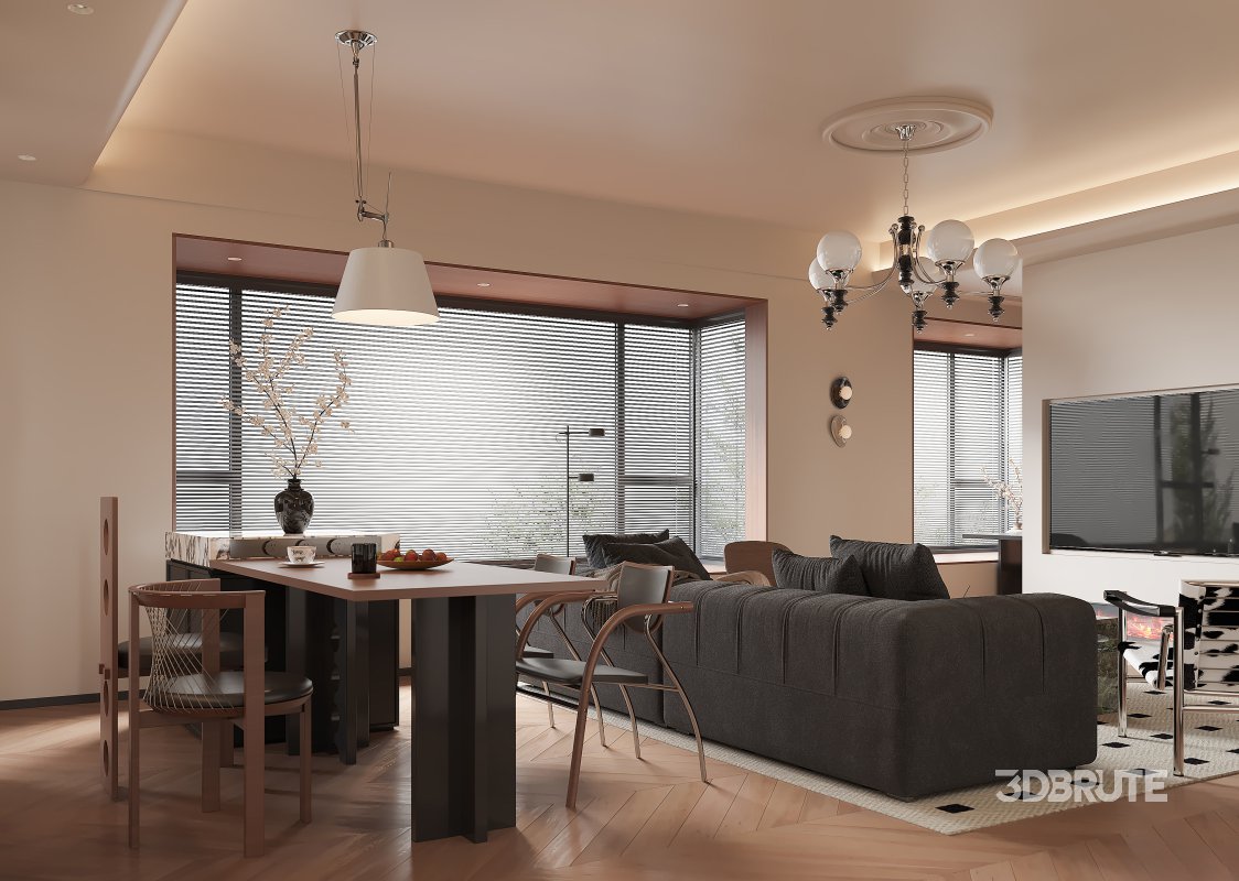 Modern living room and dining room office room interior scene Image 5