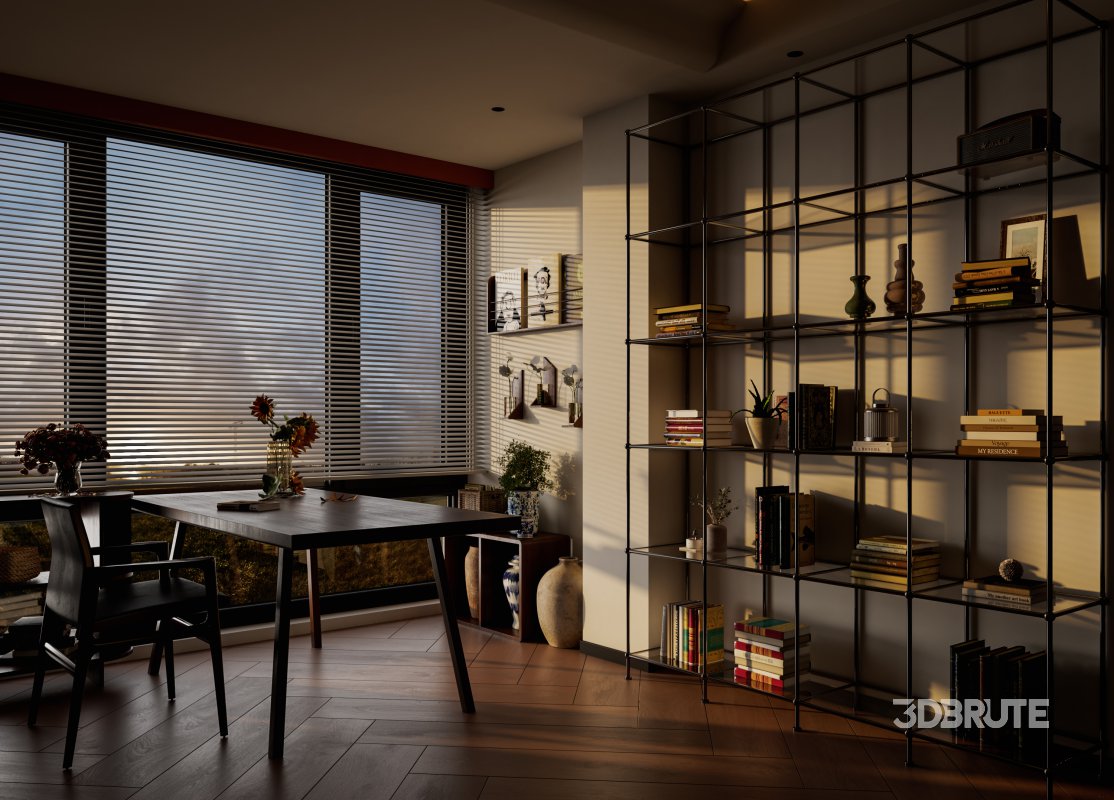 Modern living room and dining room office room interior scene Image 1