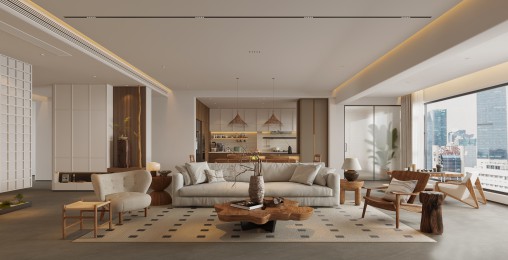 Modern living room and dining room interior scene