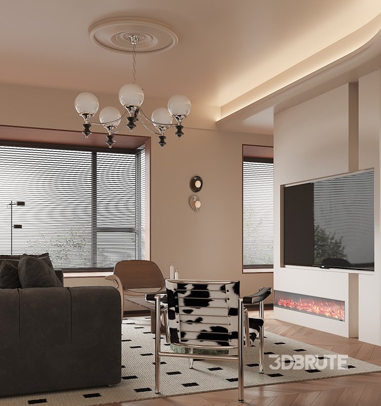 Modern living room and dining room office room interior scene Image 3