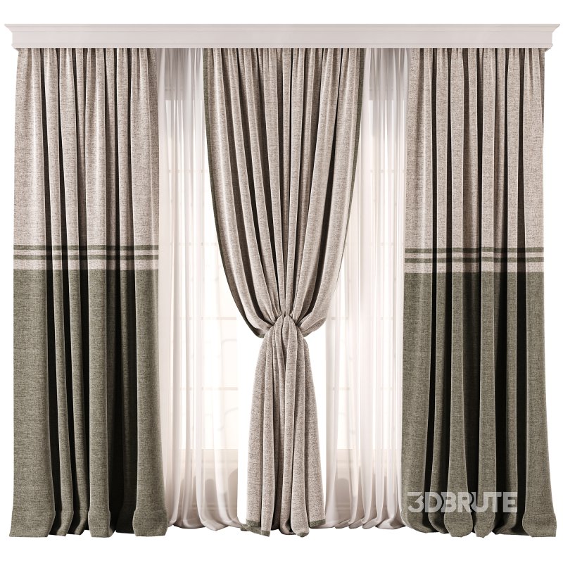 Olive Contrast Linen Curtain Set with Decorative Trim Image 1