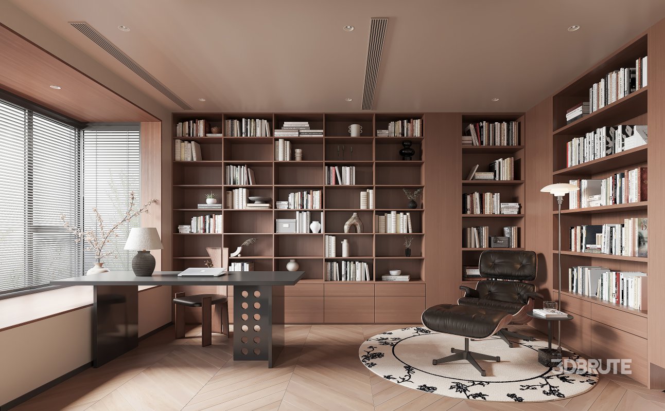 Modern living room and dining room office room interior scene Image 2