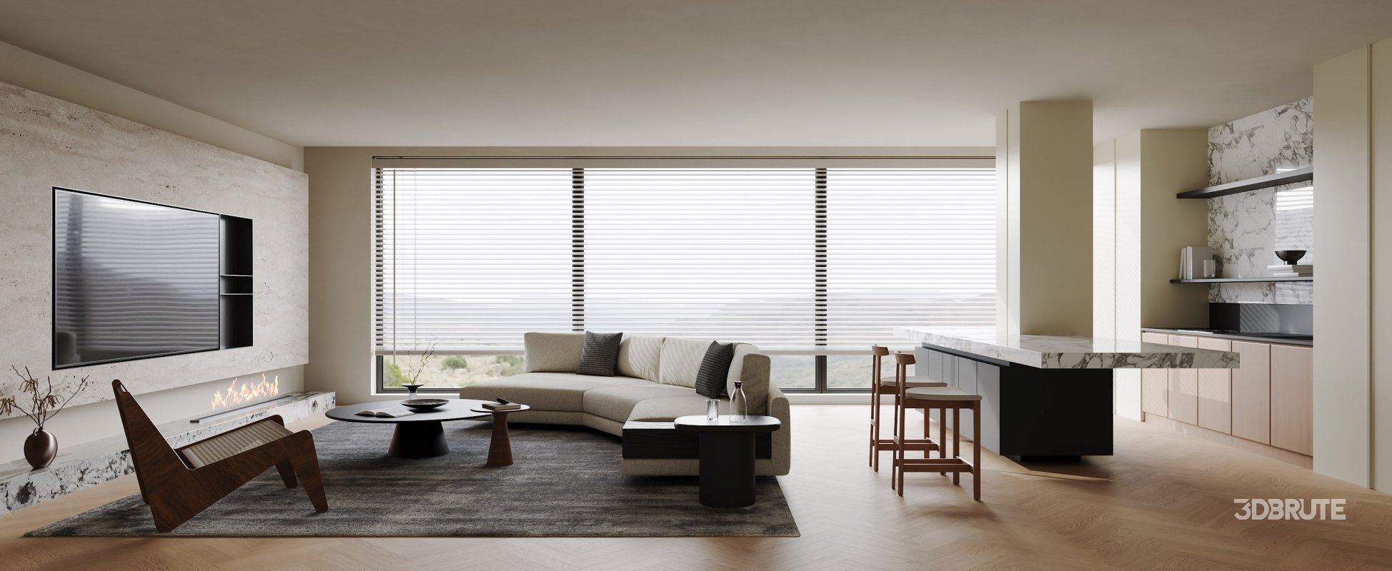 Modern living room and dining room interior scene Image 1