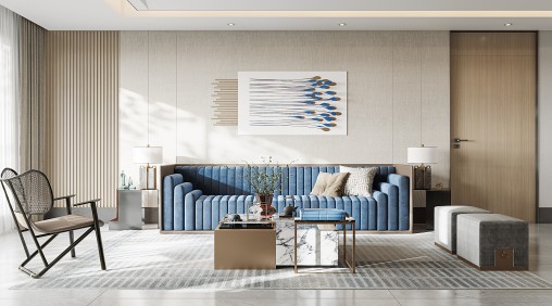 Modern living room and dining room interior scene