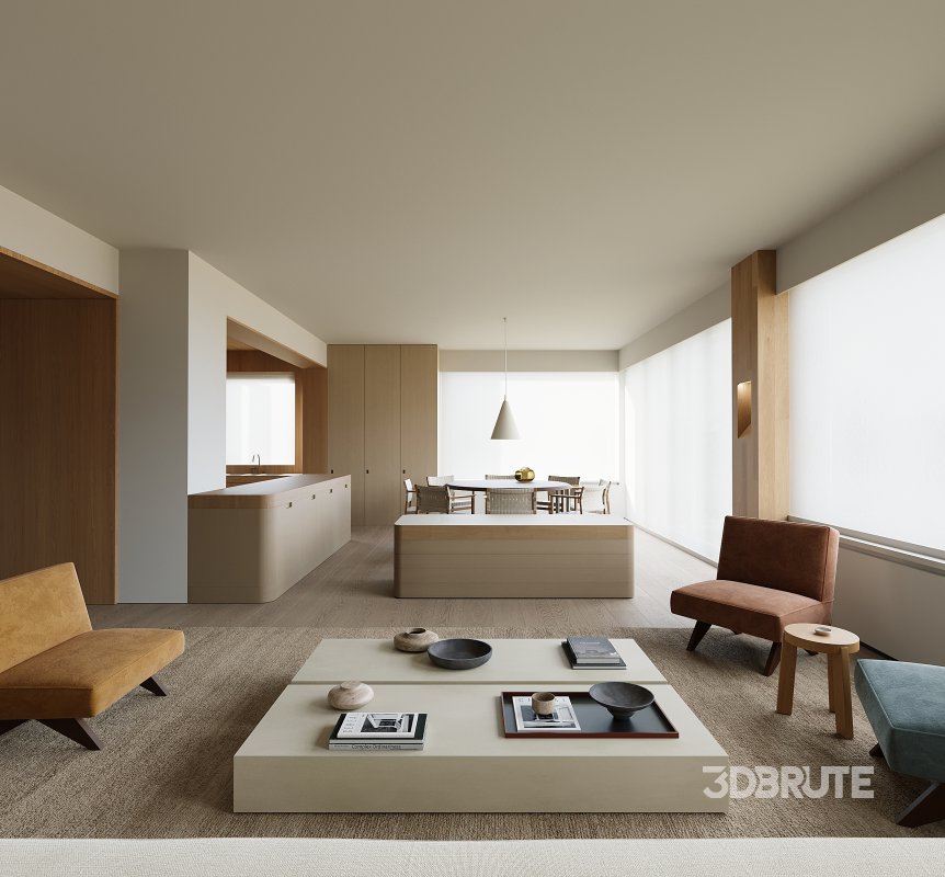 Modern living room and dining room interior scene Image 1