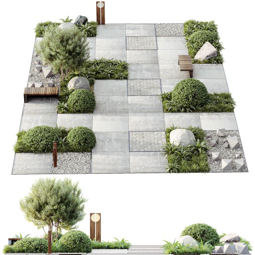 ntal grasses, stone accents, and concrete tiles arranged in a harmonious architectural design. The layout captures both natural beauty and structured minimalism, making it perfect for contemporary gardens, courtyards, and high-end outdoor visualizations.
