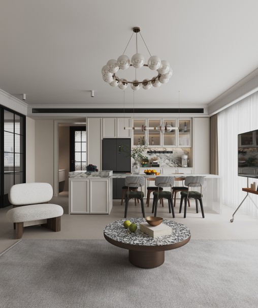 Modern living room and dining room interior scene