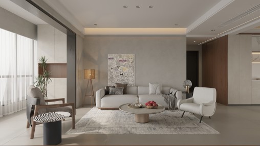 Modern living room and dining room interior scene