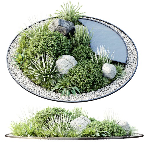 ntal grasses, flowering plants, and natural stones in a refined circular layout. Accented with decorative gravel and a reflective water feature, the design blends natural greenery with modern geometry, making it ideal for courtyards, terraces, and architectural garden projects. Its balanced mix of textures and forms creates both realism and aesthetic sophistication for exterior visualizations.