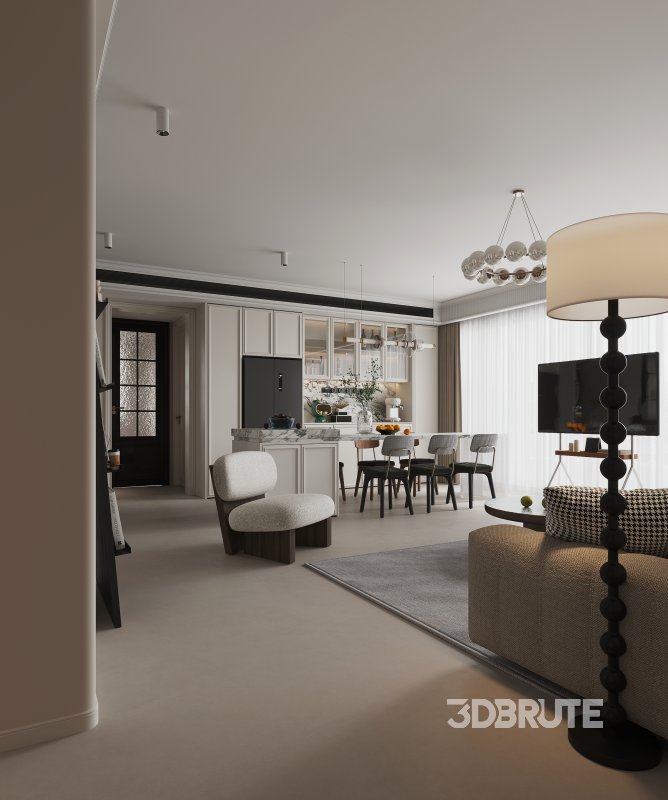 Modern living room and dining room interior scene Image 1