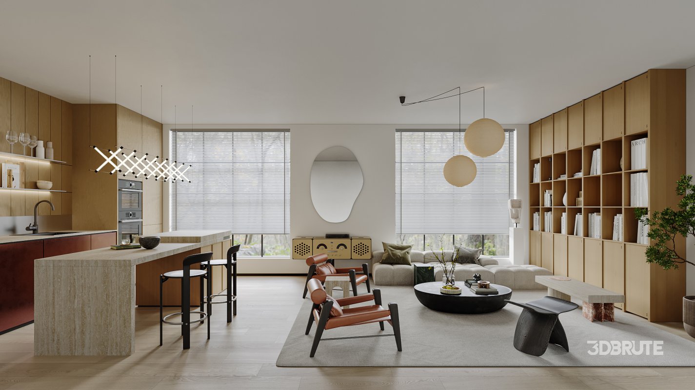 Modern living room and dining room interior scene Image 1