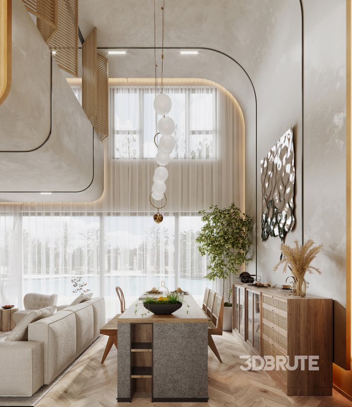 Modern living room and dining room interior scene Image 6