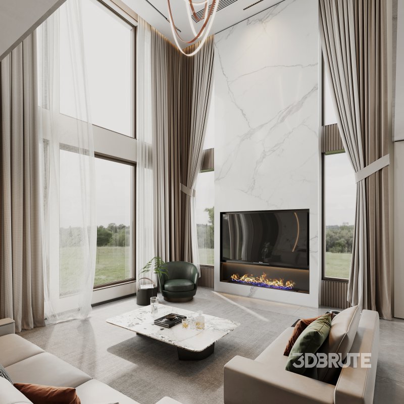 Modern living room and dining room interior scene Image 1