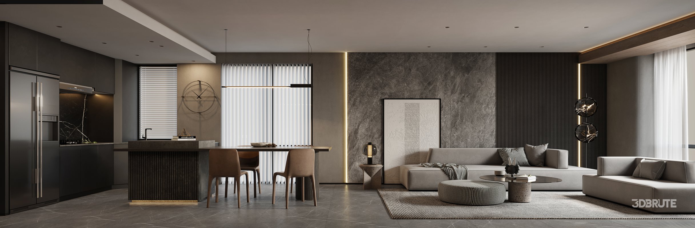 Modern living room and dining room bedroom interior scene Image 1