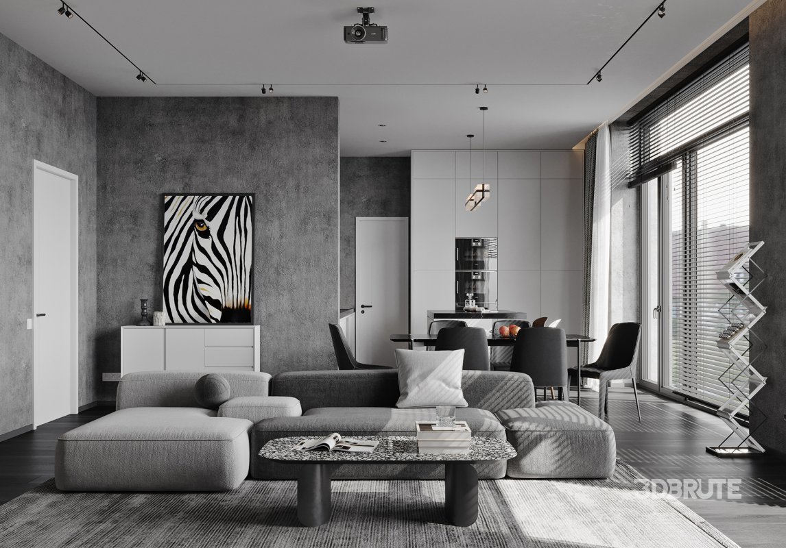 Modern living room and dining room interior scene Image 2